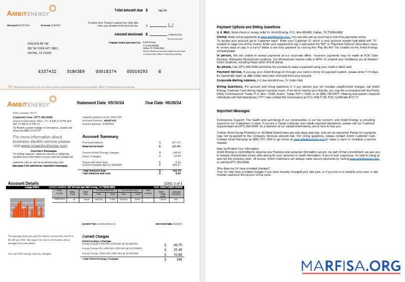 Realistic USA Ambit Energy business utility bill Word and PDF template 1 2 pages